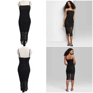 Wild Fable Ruched Mesh Midi Dress Stretch Black Medium Spaghetti Straps